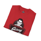 Folded red t-shirt with 'Skinny' graphic design on a white background