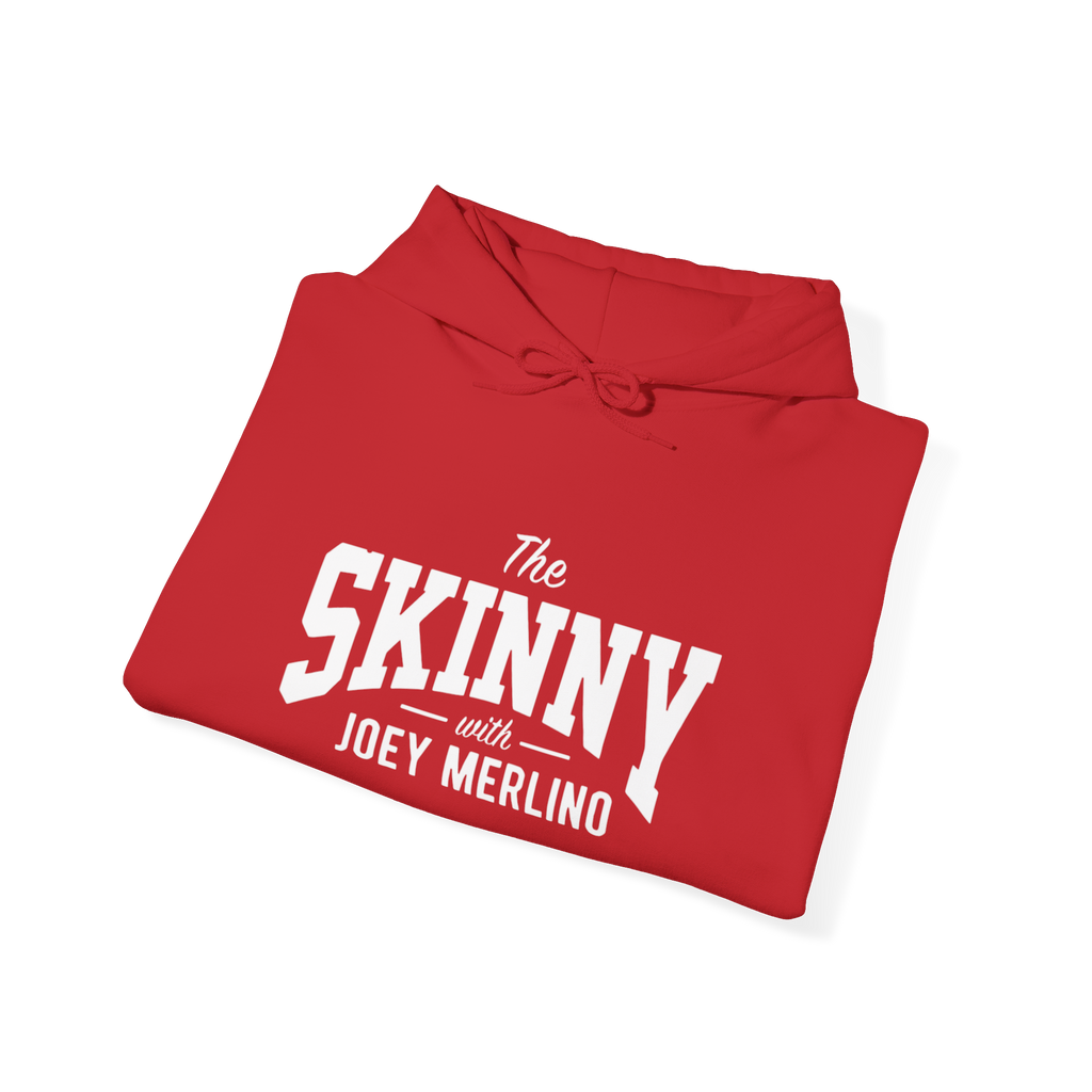 Folded red hoodie with 'The Skinny with Joey Merlin' text on a white background