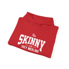Folded red hoodie with 'The Skinny with Joey Merlin' text on a white background
