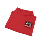 Folded red shirt with a logo on a white background