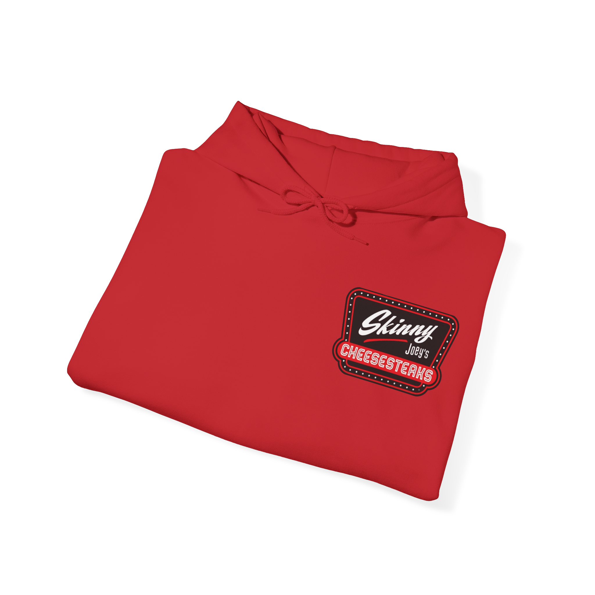 Folded red shirt with a logo on a white background