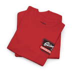 Folded red t-shirt with a logo on a white background