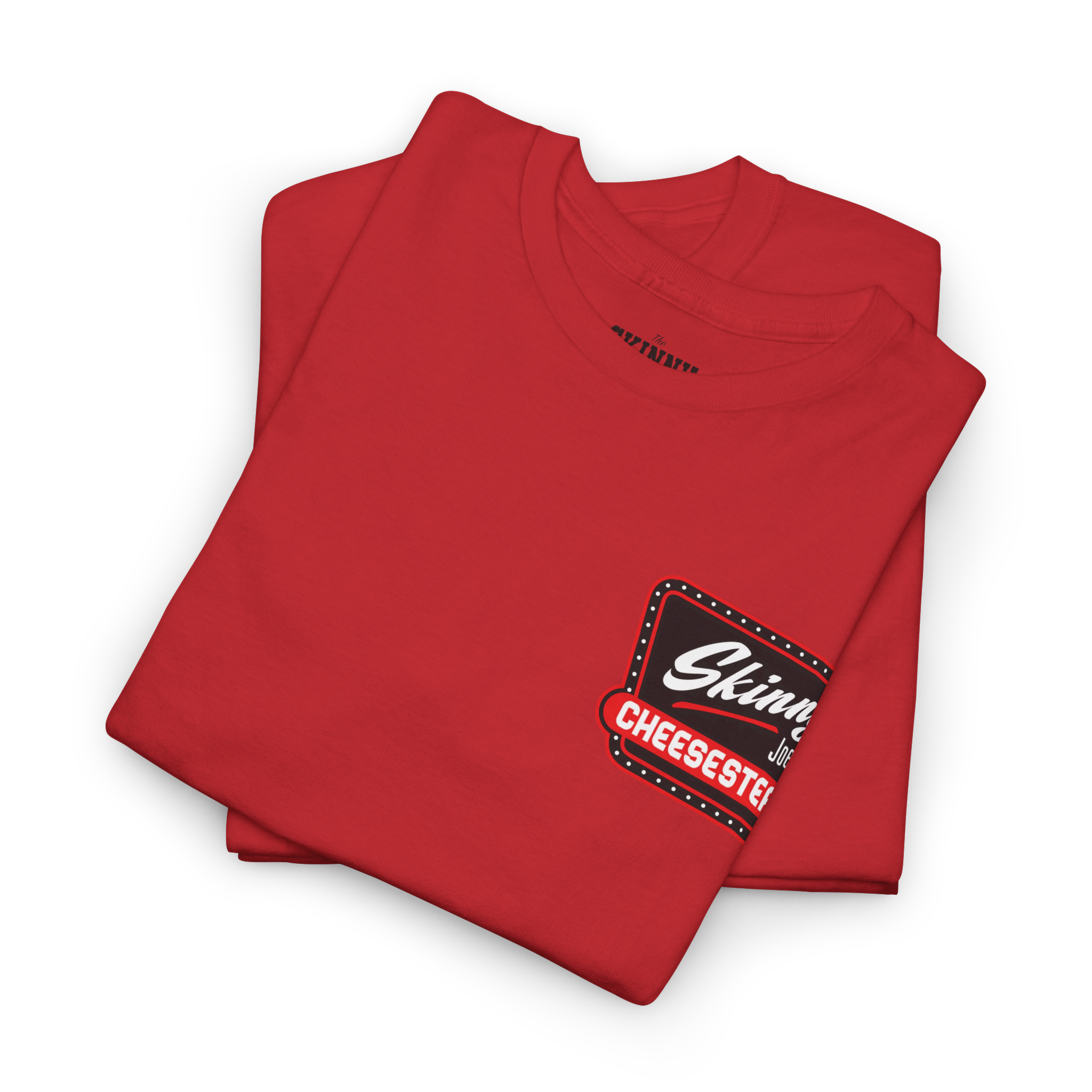 Folded red t-shirt with a logo on a white background