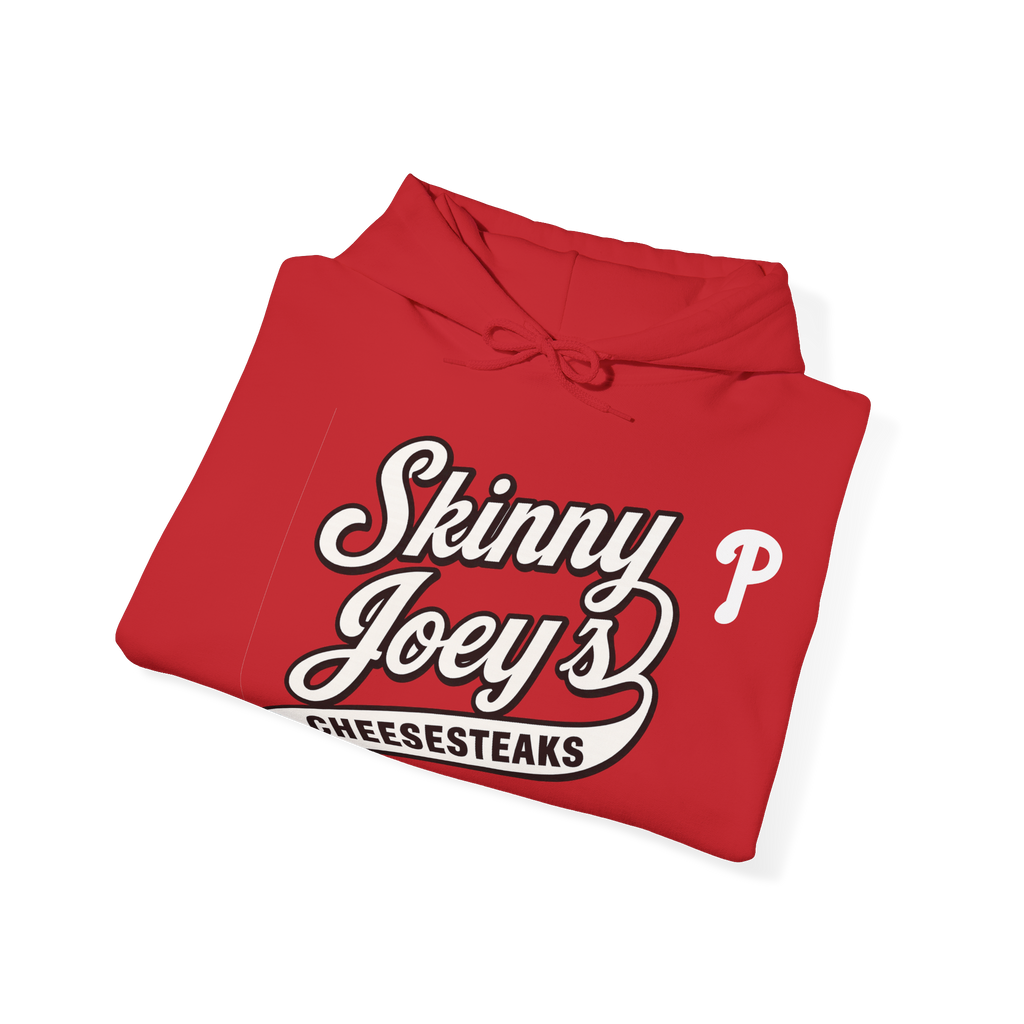 Red hoodie with 'Skinny Joey's Cheesesteaks' text on a white background
