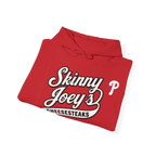 Red hoodie with 'Skinny Joey's Cheesesteaks' text on a white background