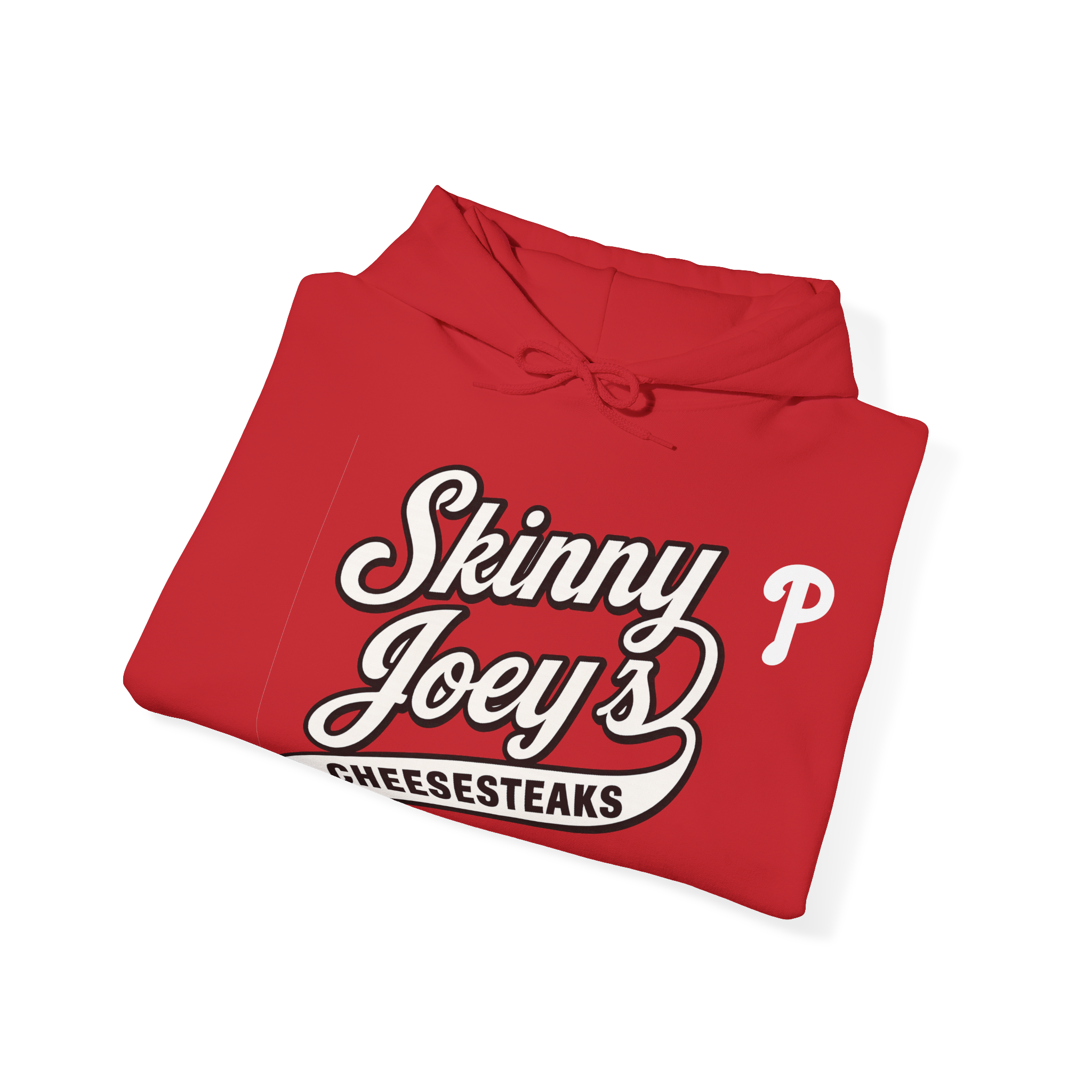 Red hoodie with 'Skinny Joey's Cheesesteaks' text on a white background