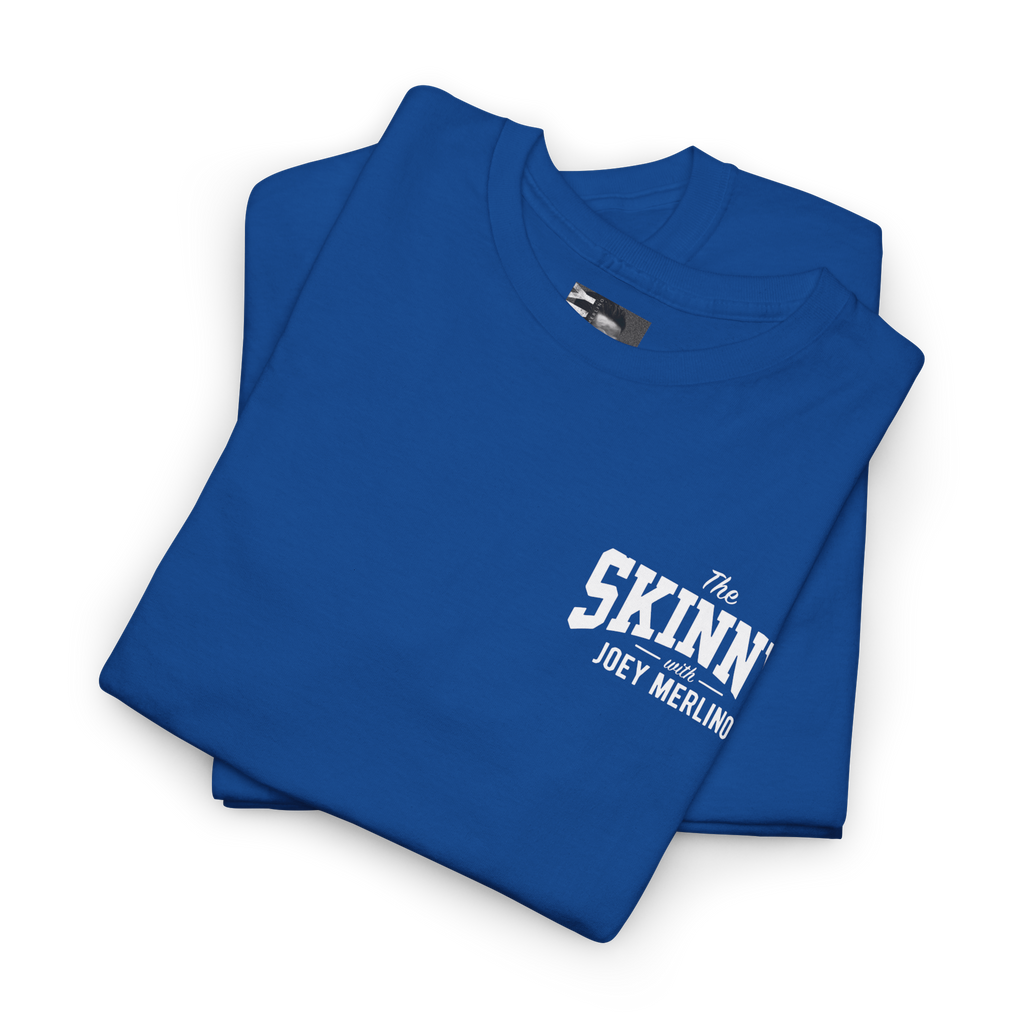 Blue hoodie with 'Skinny Joey's Cheesesteaks' logo on a white background