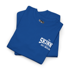 Blue hoodie with 'Skinny Joey's Cheesesteaks' logo on a white background