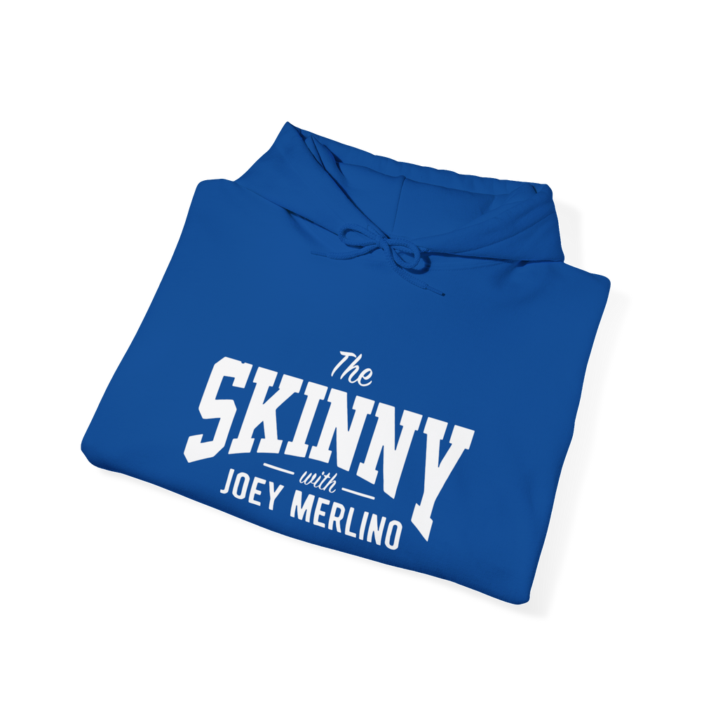 Folded blue hoodie with white text on a white background