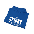 Folded blue hoodie with white text on a white background