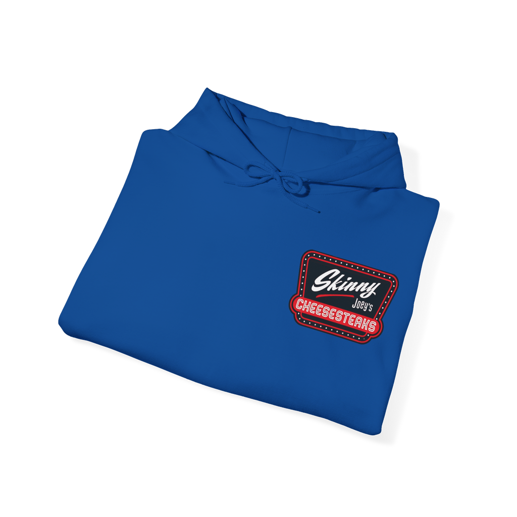 Folded blue hoodie with a logo on a white background