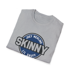 Folded gray t-shirt with a blue and white logo on a white background