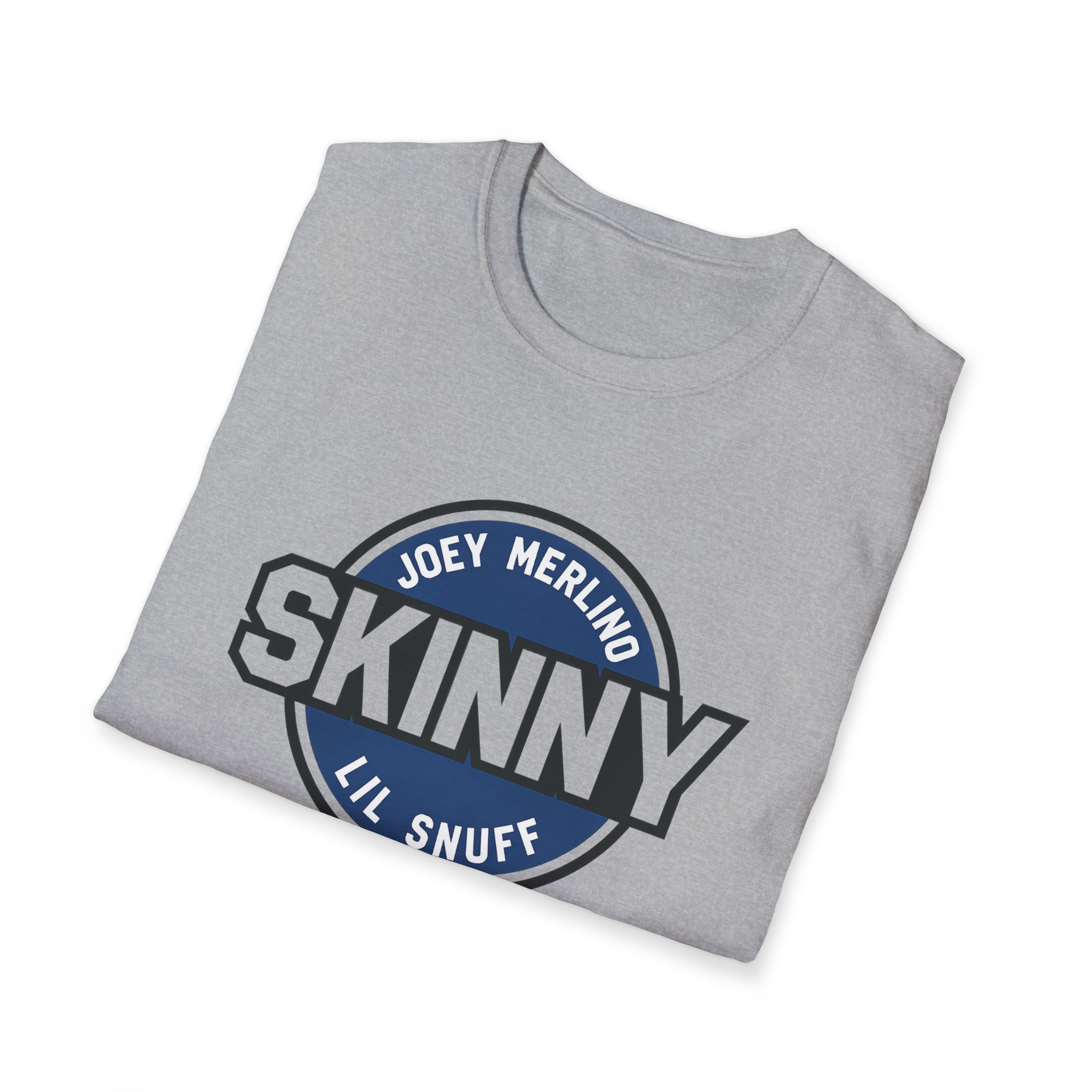 Folded gray t-shirt with a blue and white logo on a white background