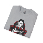 Folded gray t-shirt with 'Skinny' logo on a white background