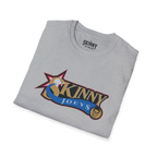 Folded gray t-shirt with 'Skinny Joey's' logo on a white background