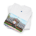 White t-shirt with a graphic of two people in front of the White House on a white background