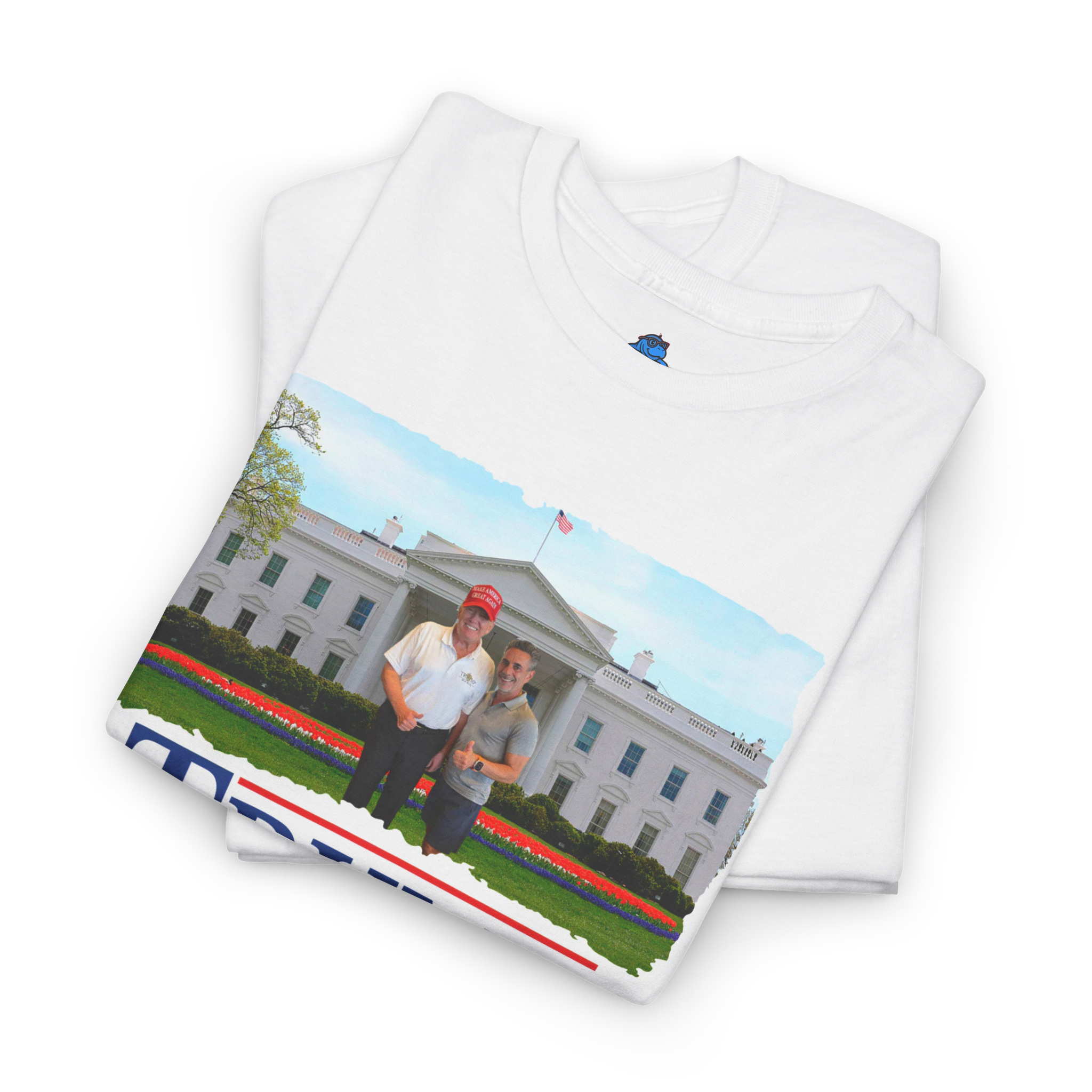 White t-shirt with a graphic of two people in front of the White House on a white background