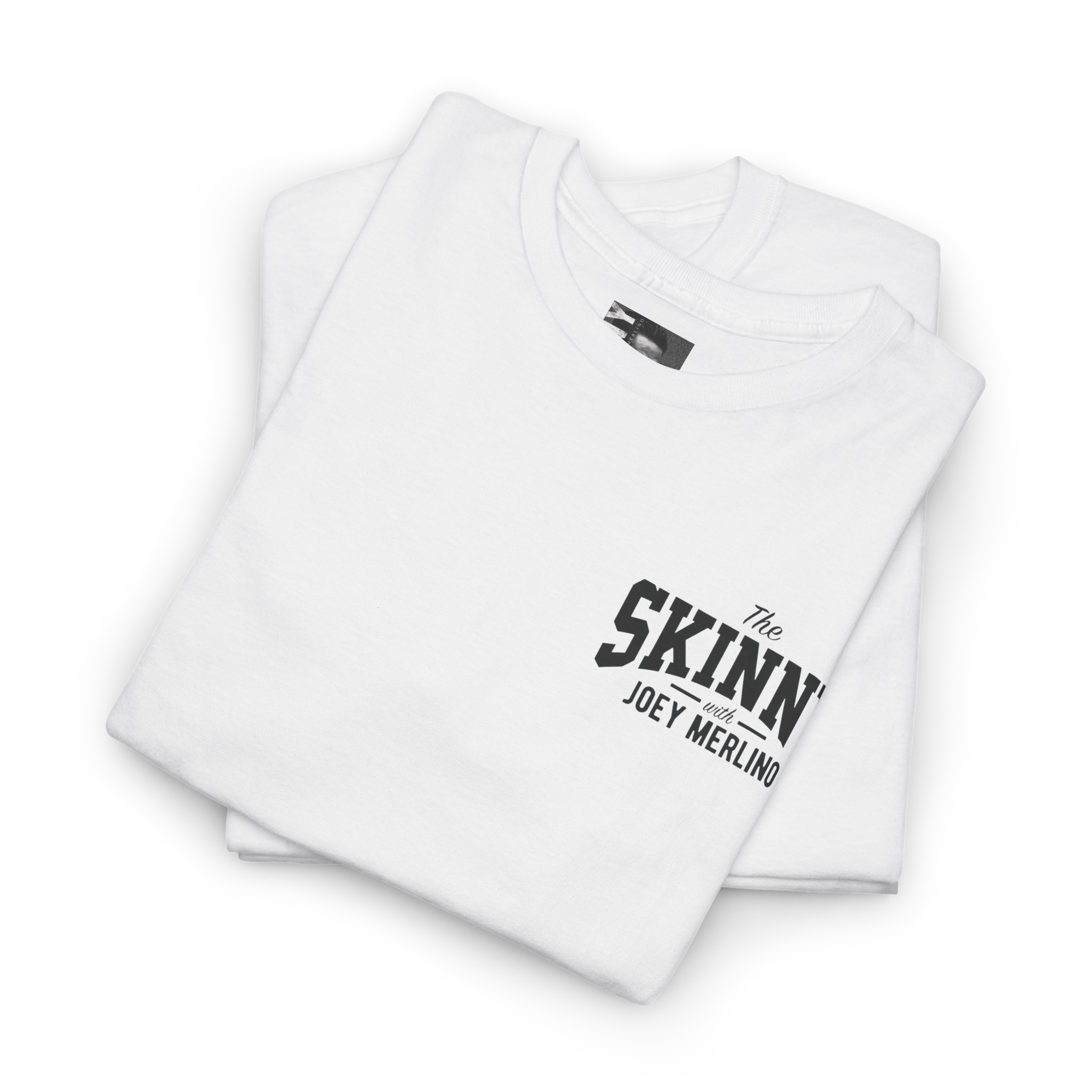 White t-shirt with 'The Skinn' logo on a white background