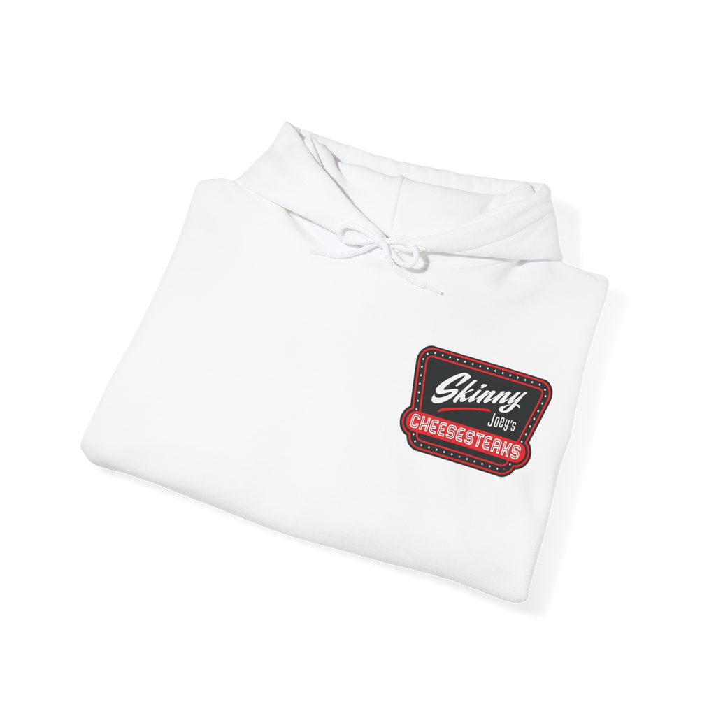 White hoodie with a logo on a white background