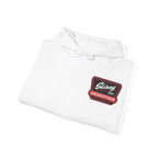 White hoodie with a logo on a white background