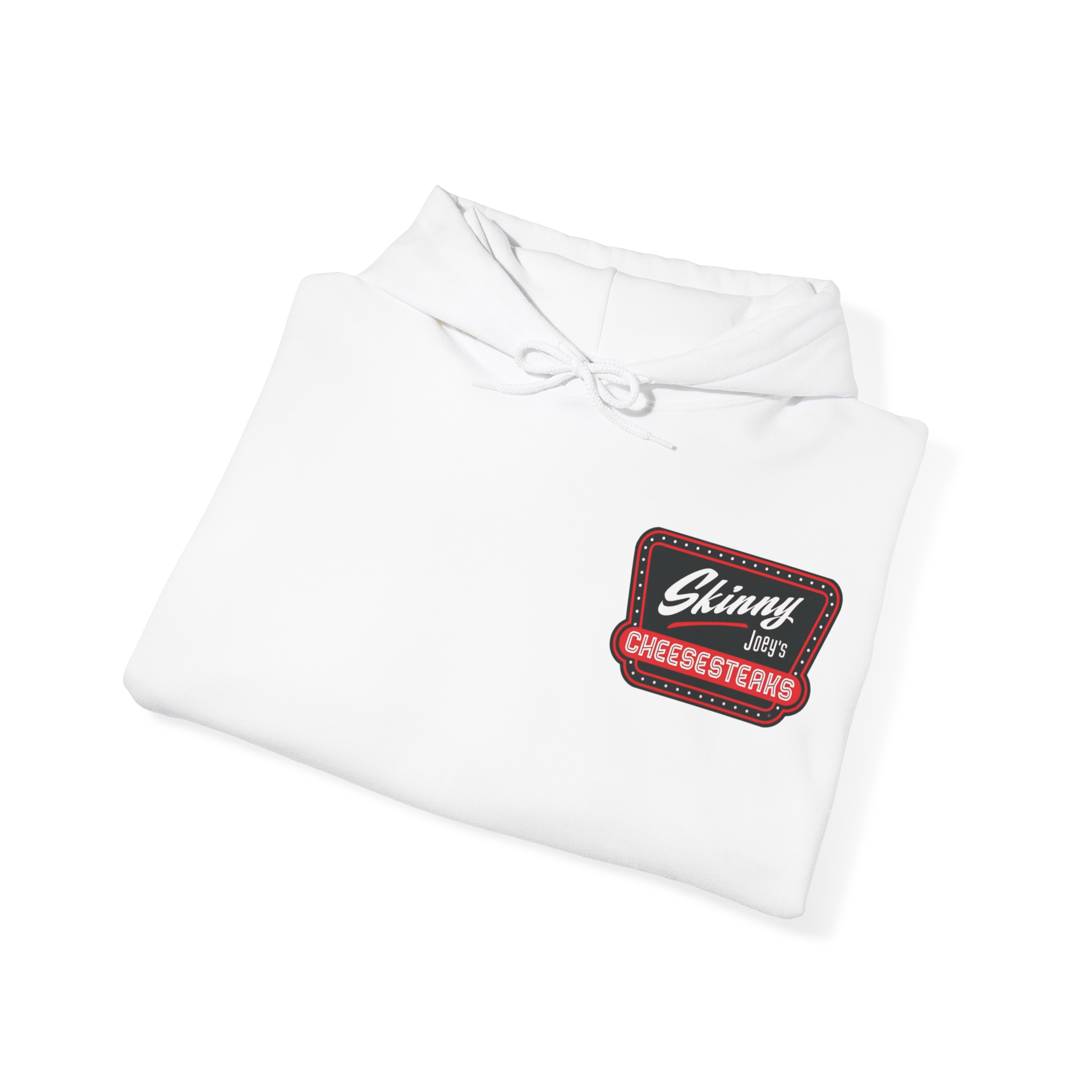 White hoodie with a logo on a white background