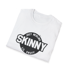 White t-shirt with black graphic and text on a white background