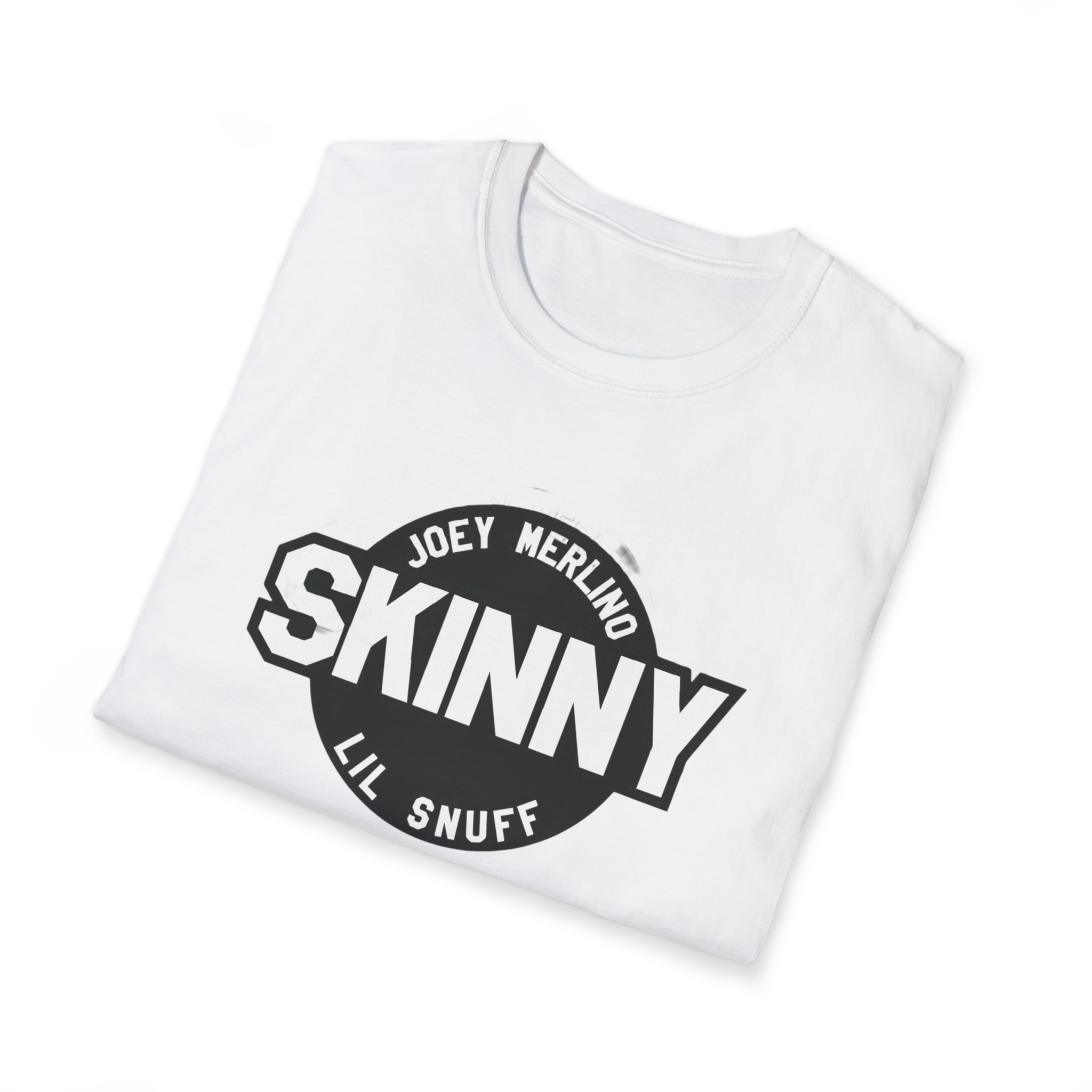 White t-shirt with black graphic and text on a white background