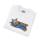 Folded white t-shirt with 'Skinny Joey's' logo on a white background
