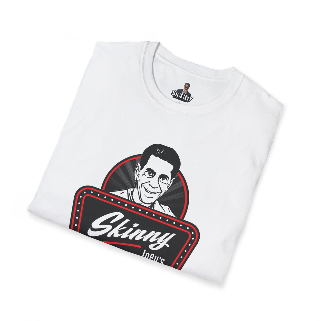 Folded white t-shirt with 'Skinny' graphic design on a white background