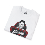 Folded white t-shirt with 'Skinny' graphic design on a white background