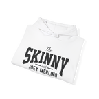 White hoodie with 'The Skinny with Joey Merlin' text on a white background