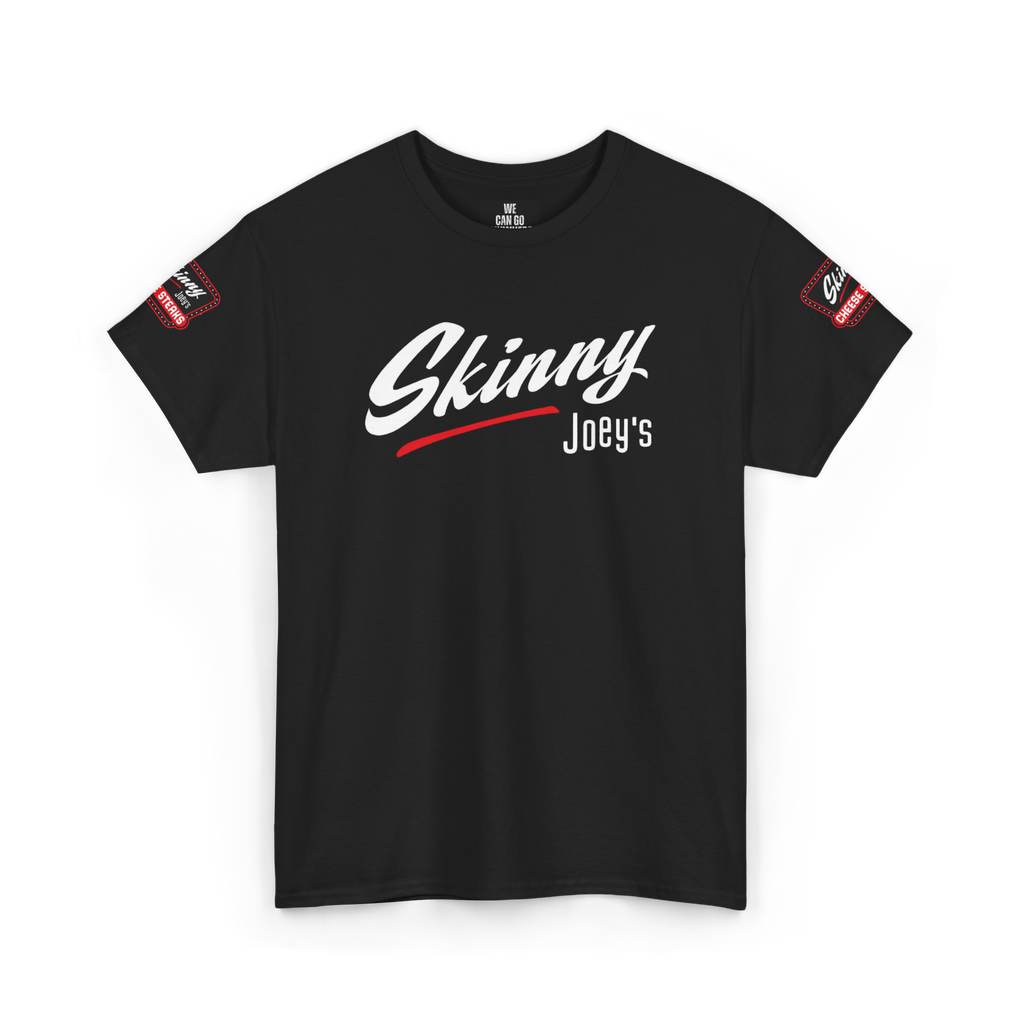 Black t-shirt with 'Skinny Joey's' text on a white background