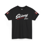 Black t-shirt with 'Skinny Joey's' text on a white background