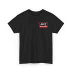 Black t-shirt with a red and white logo on a white background