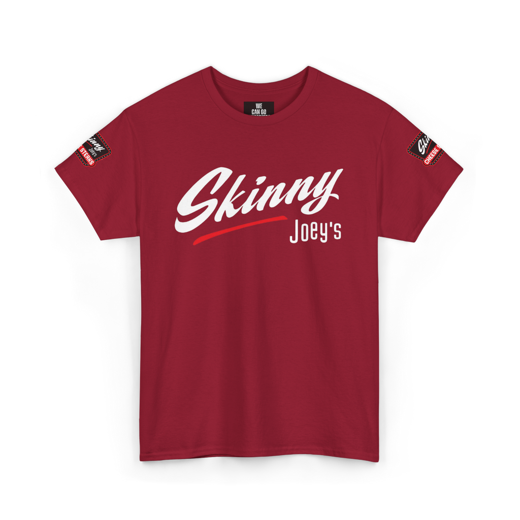Red t-shirt with 'Skinny Joey's' text on a white background