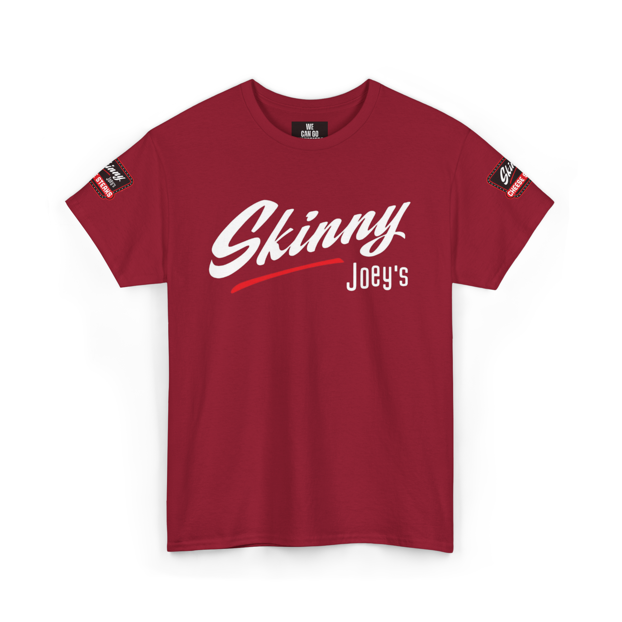 Red t-shirt with 'Skinny Joey's' text on a white background