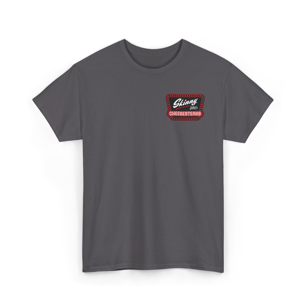 Gray t-shirt with a red and black logo on a white background