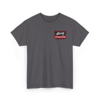 Gray t-shirt with a red and black logo on a white background