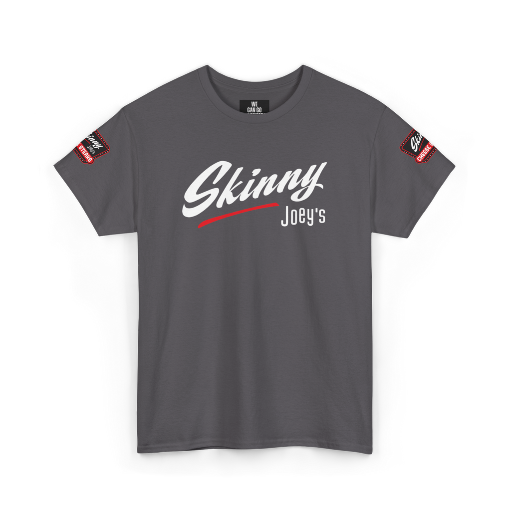 Gray t-shirt with 'Skinny Joey's' text on a white background