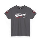 Gray t-shirt with 'Skinny Joey's' text on a white background