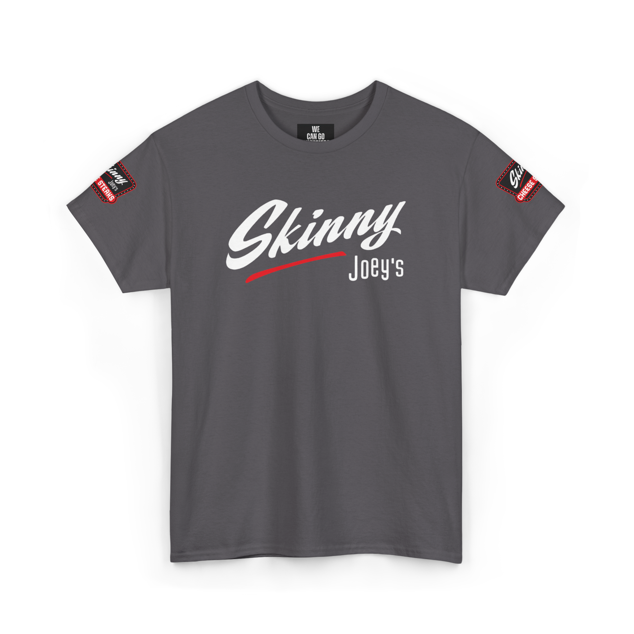 Gray t-shirt with 'Skinny Joey's' text on a white background