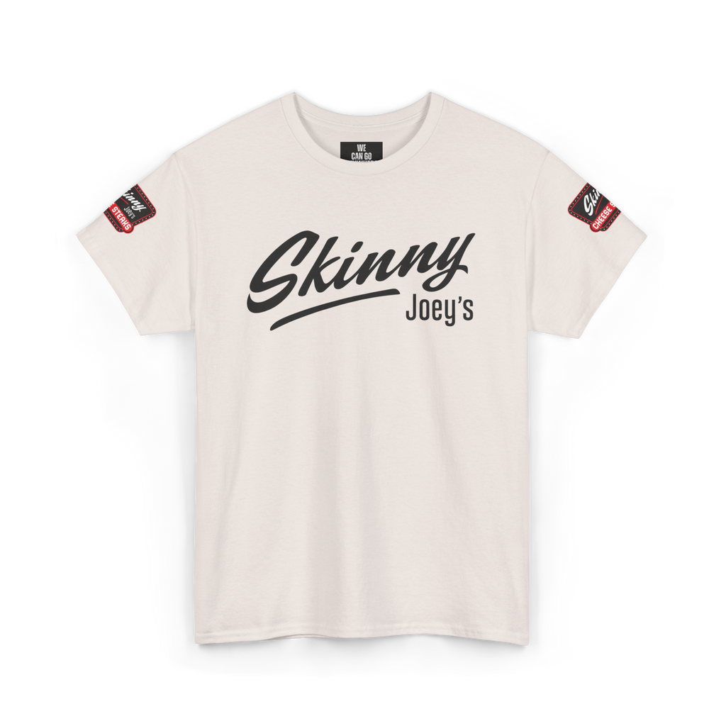 Beige t-shirt with 'Skinny Joey's' text on a white background