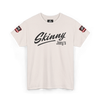 Beige t-shirt with 'Skinny Joey's' text on a white background
