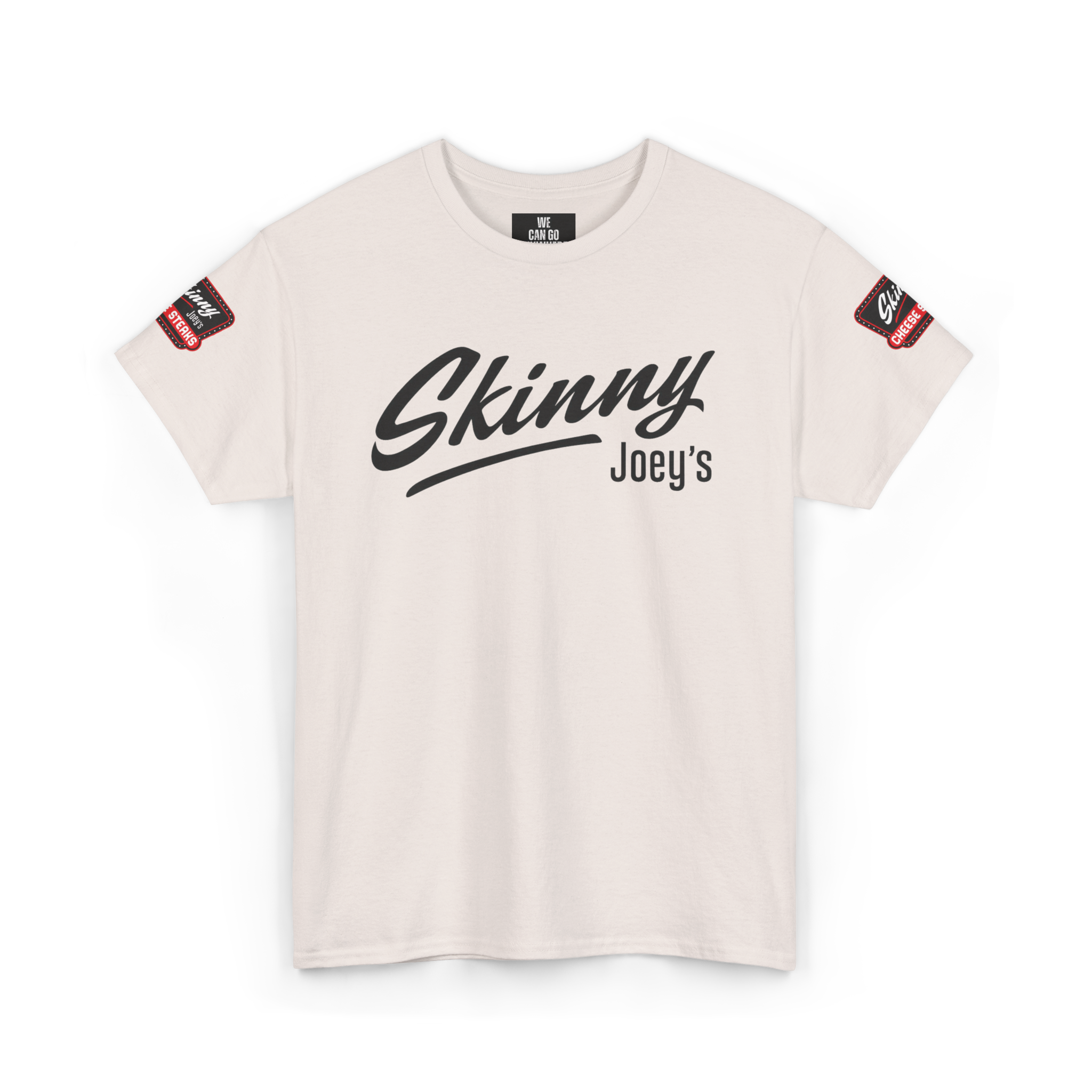 Beige t-shirt with 'Skinny Joey's' text on a white background