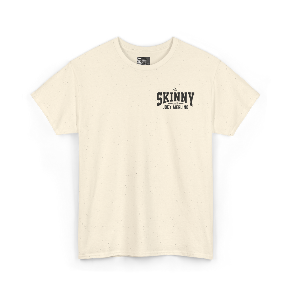 Beige t-shirt with black text on a white background