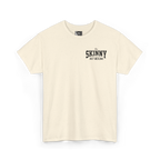 Beige t-shirt with black text on a white background