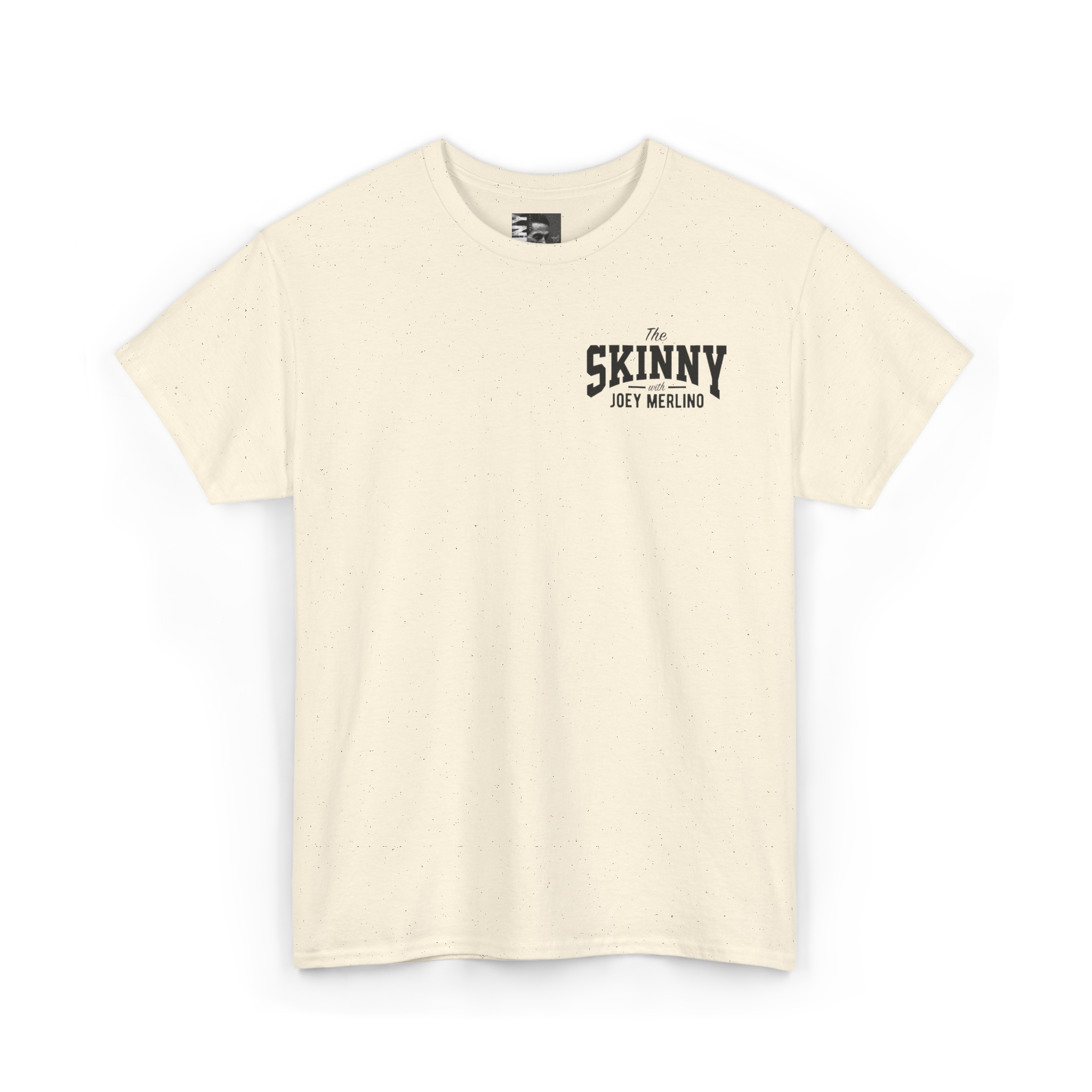 Beige t-shirt with black text on a white background