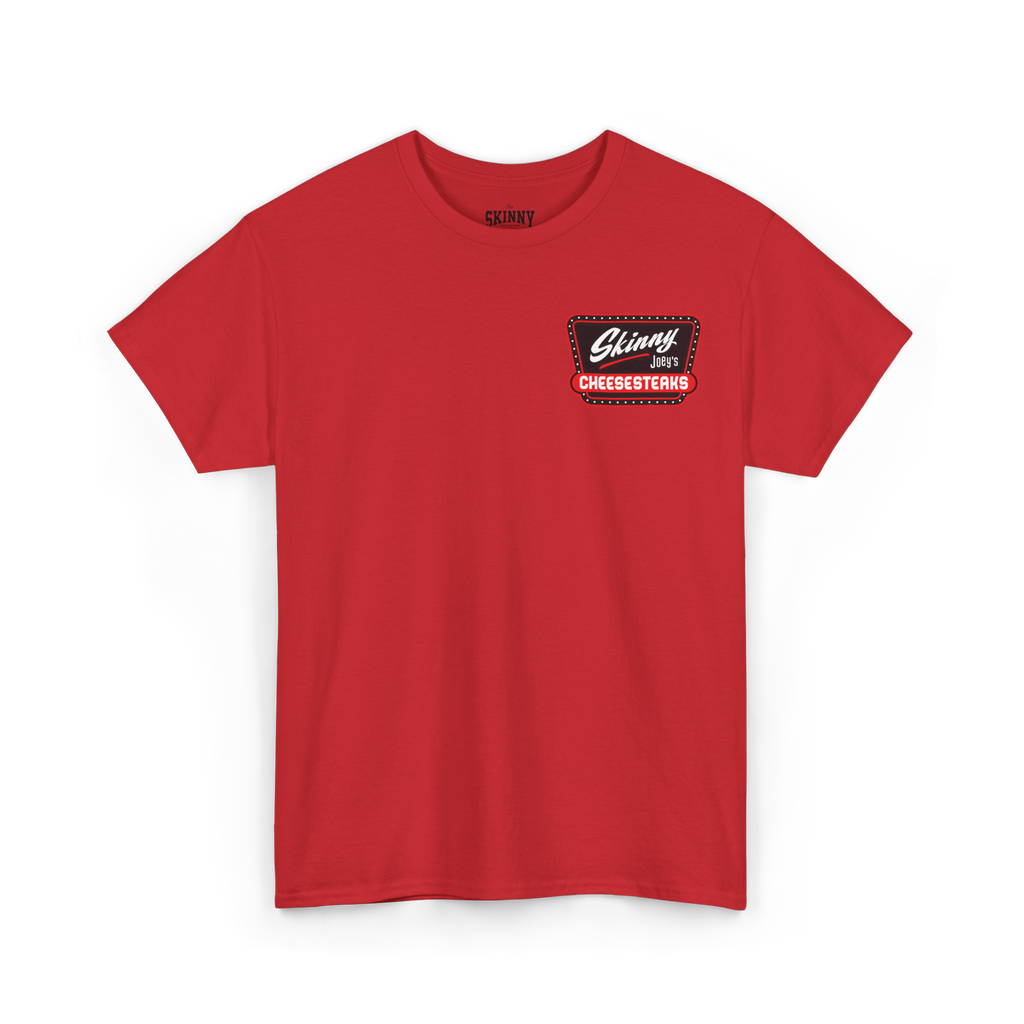 Red t-shirt with a logo on the chest against a white background