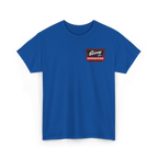 Blue t-shirt with a logo on the chest against a white background