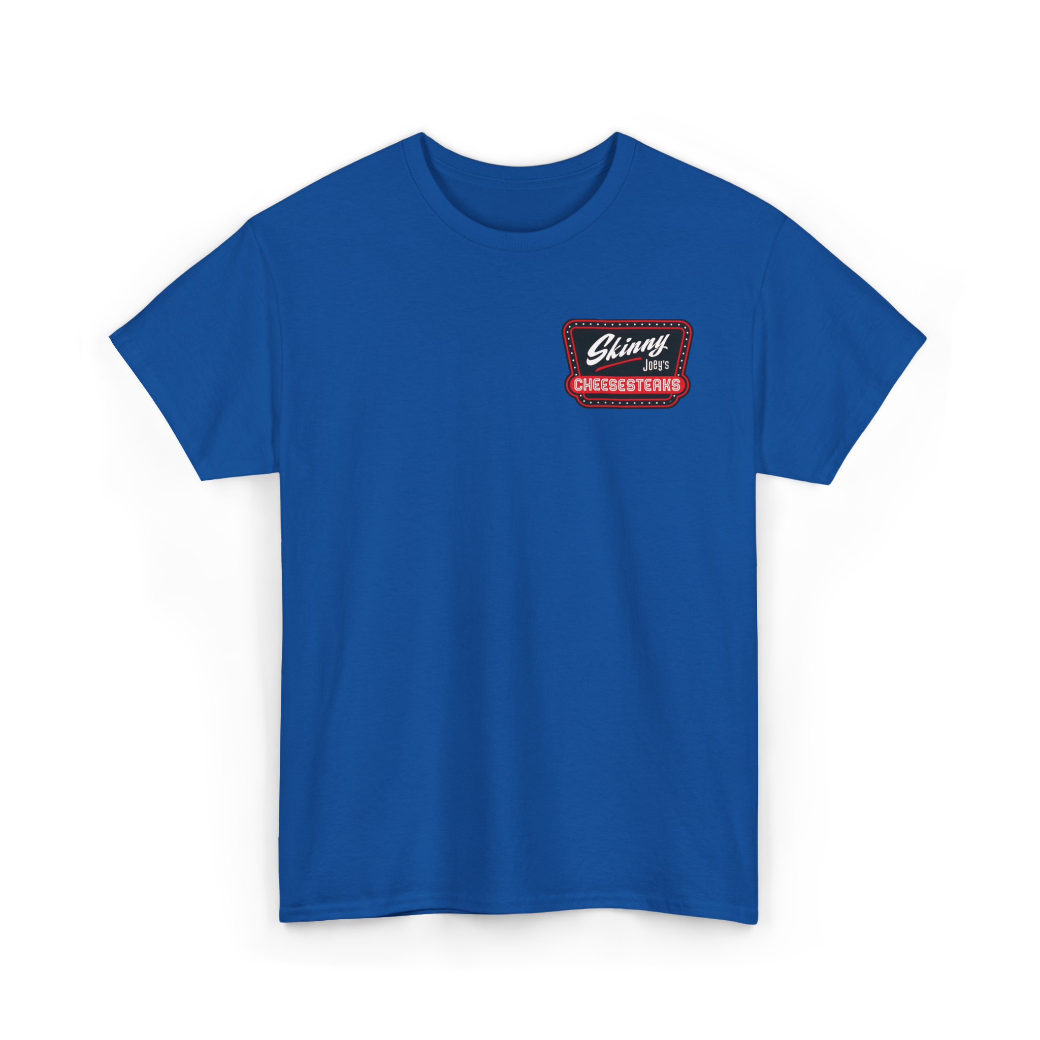 Blue t-shirt with a logo on the chest against a white background